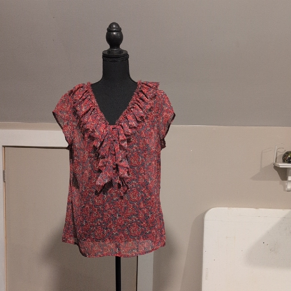 a.n.a Ruffle V-Neck Floral Blouse - Red and Black